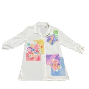 Koret White Multi Color Floral Button Up Blouse with Embroidery Designs